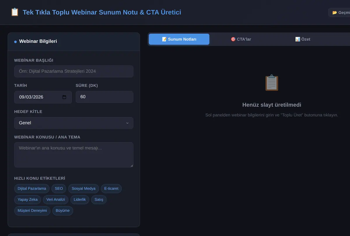 Tek Tıkla Toplu Webinar Sunum Notu & CTA Üretici ekran görüntüsü