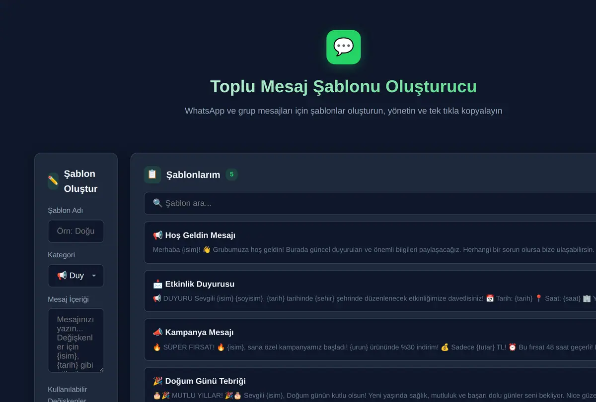 Toplu Mesaj Şablonu Oluşturucu ekran görüntüsü