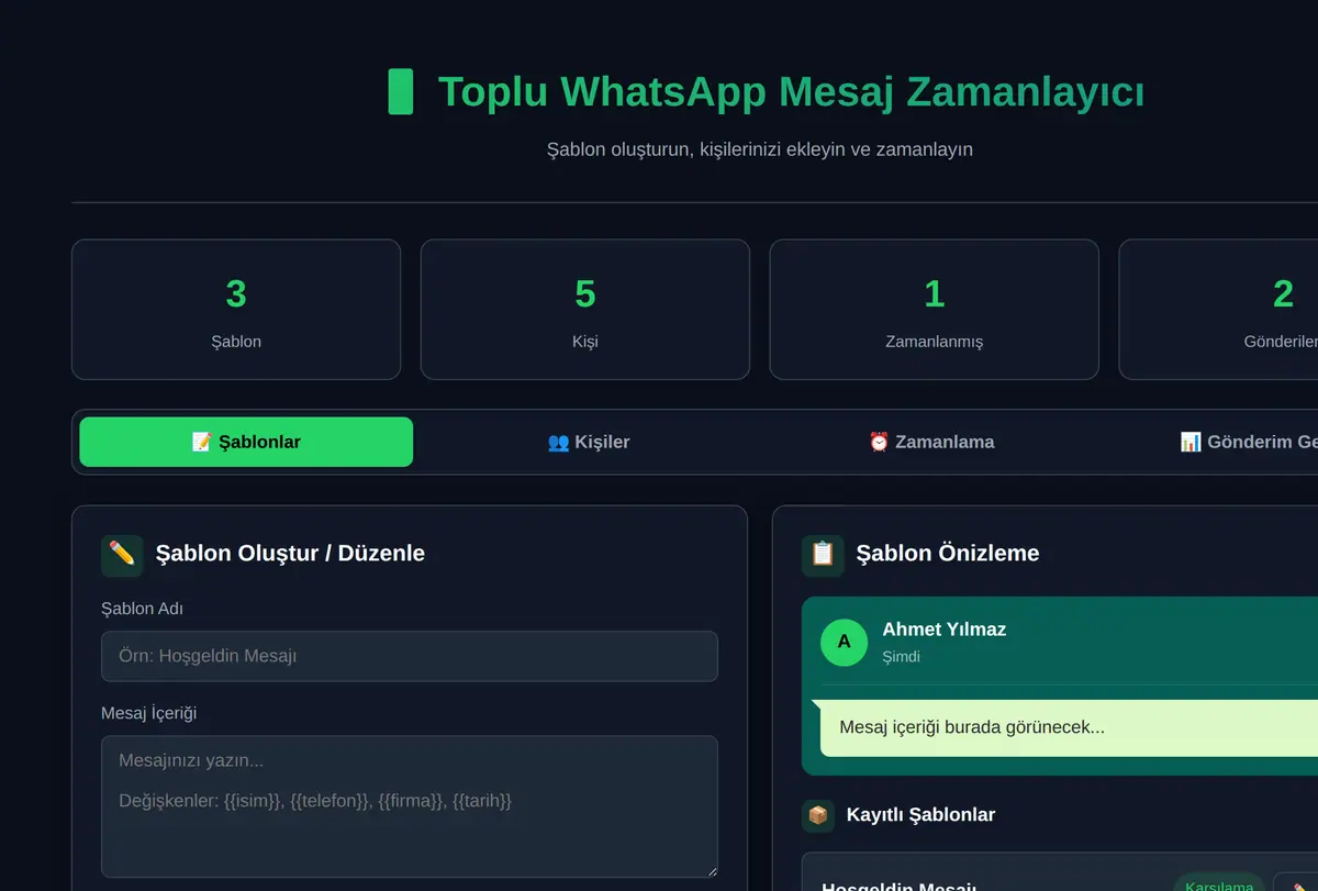 Toplu WhatsApp Mesaj Zamanlayıcı ve Şablon Aracı ekran görüntüsü