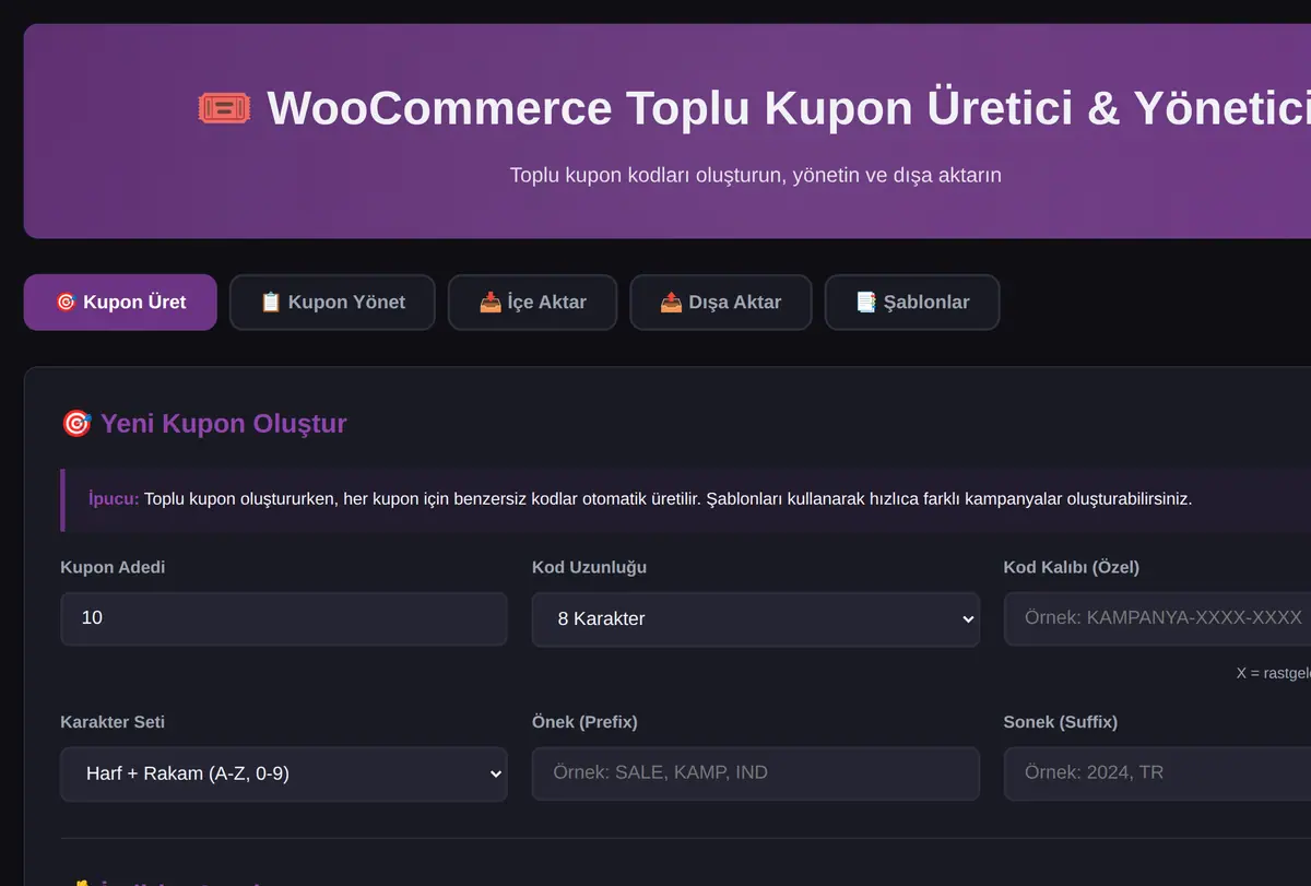WooCommerce Toplu Kupon Üretici & Yönetici ekran görüntüsü