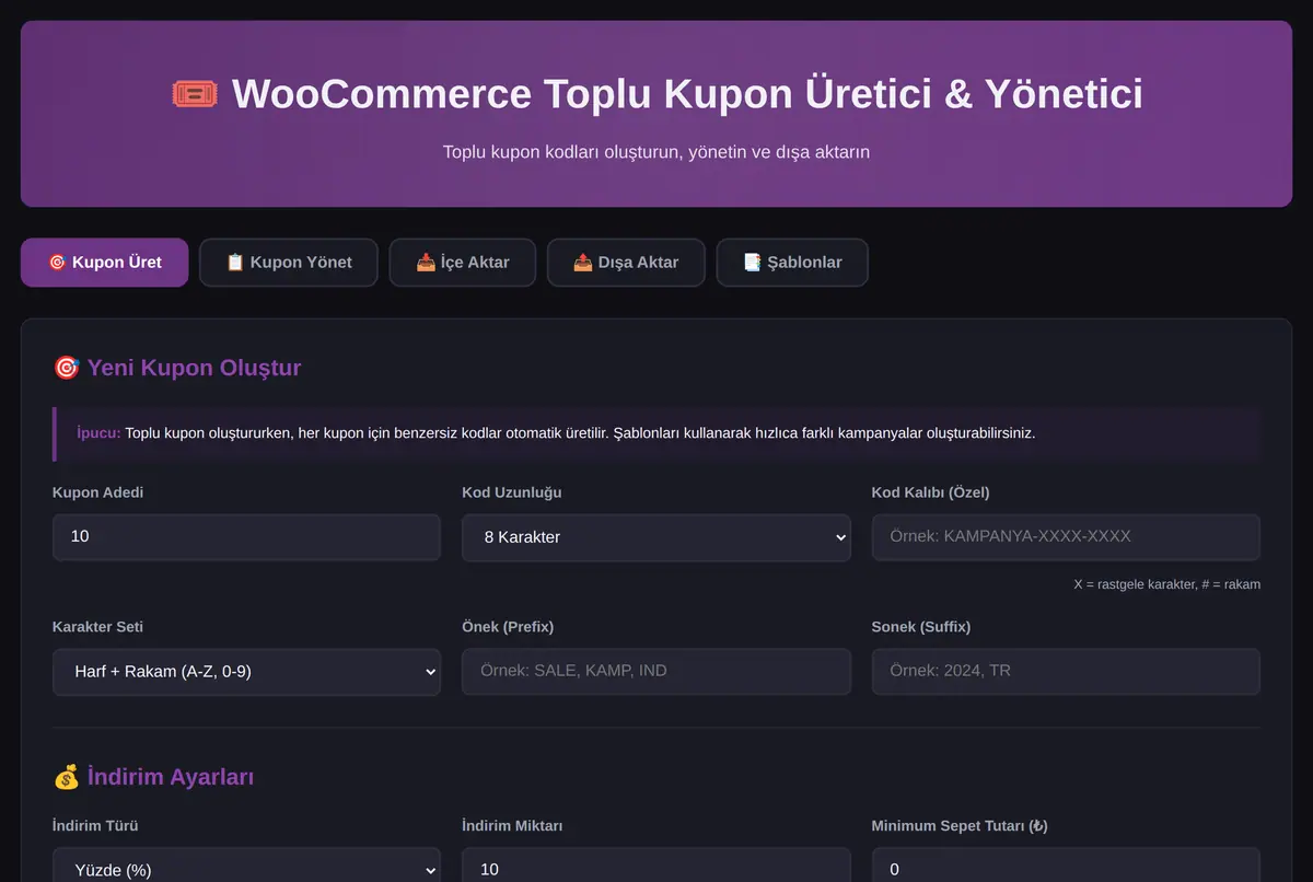 WooCommerce Toplu Kupon Üretici & Yönetici ekran görüntüsü 2