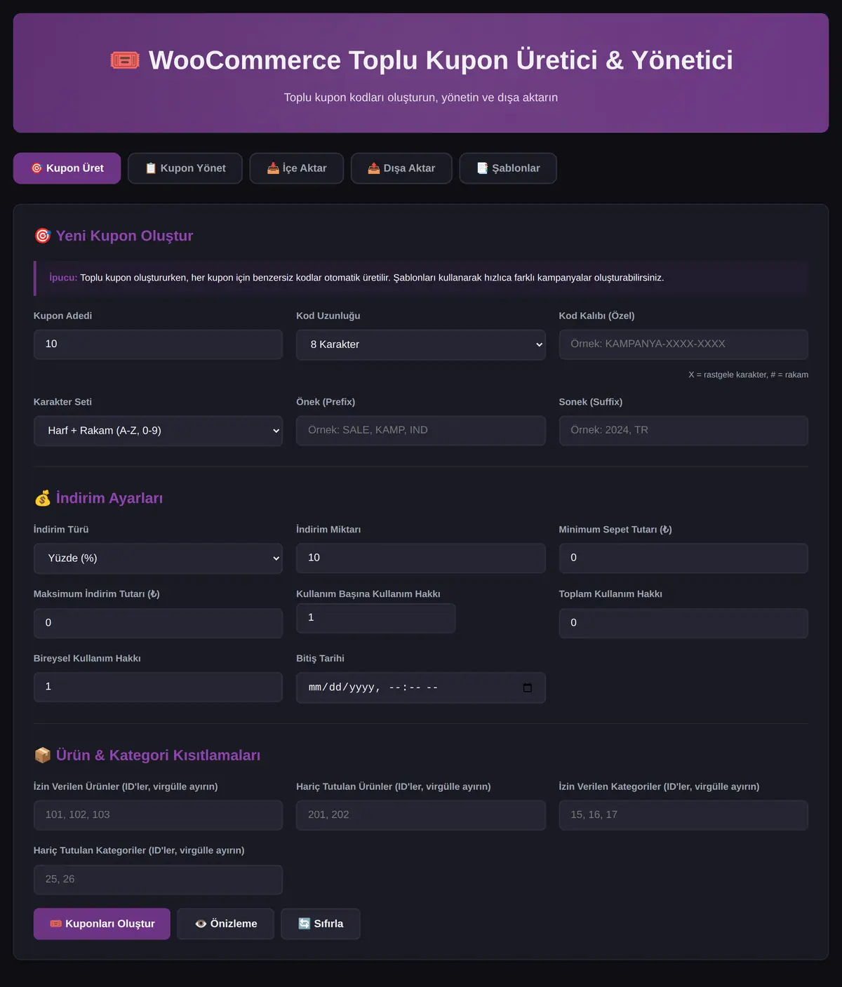 WooCommerce Toplu Kupon Üretici & Yönetici ekran görüntüsü 3