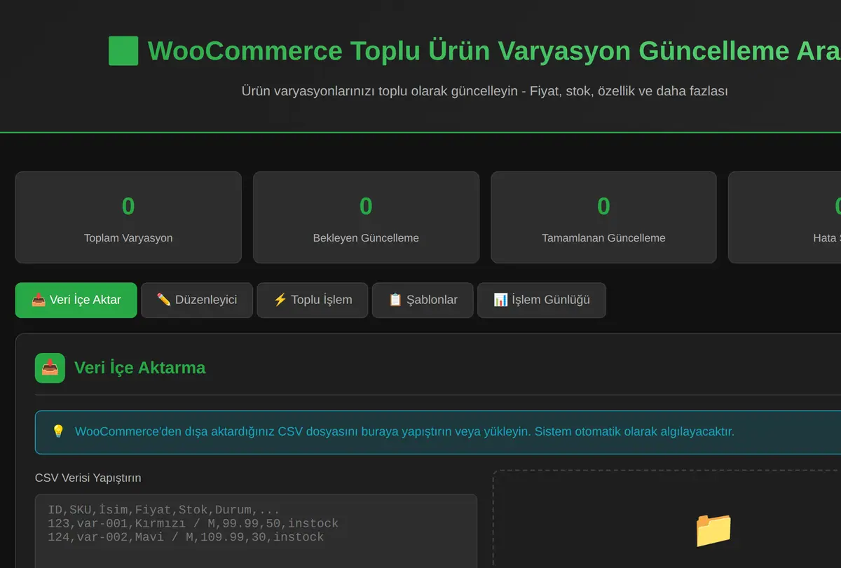 WooCommerce Toplu Ürün Varyasyon Güncelleme Aracı ekran görüntüsü