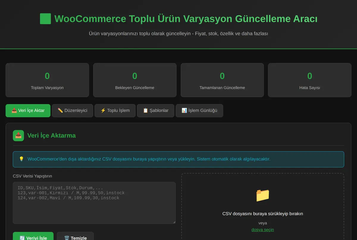WooCommerce Toplu Ürün Varyasyon Güncelleme Aracı ekran görüntüsü 2
