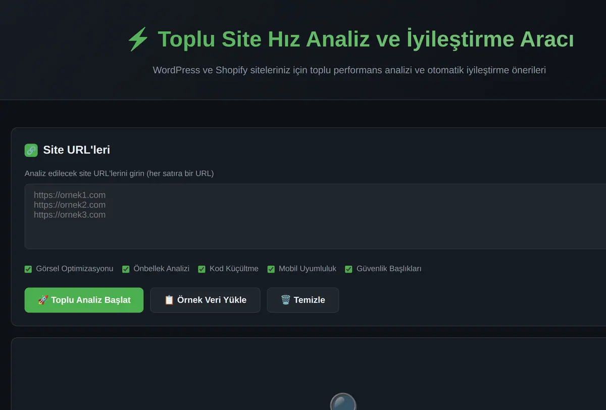 Toplu Site Hız Analiz ve İyileştirme Aracı ekran görüntüsü