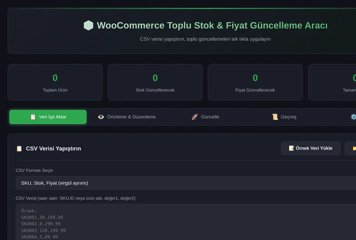 WooCommerce Toplu Stok & Fiyat Güncelleme Aracı ekran görüntüsü