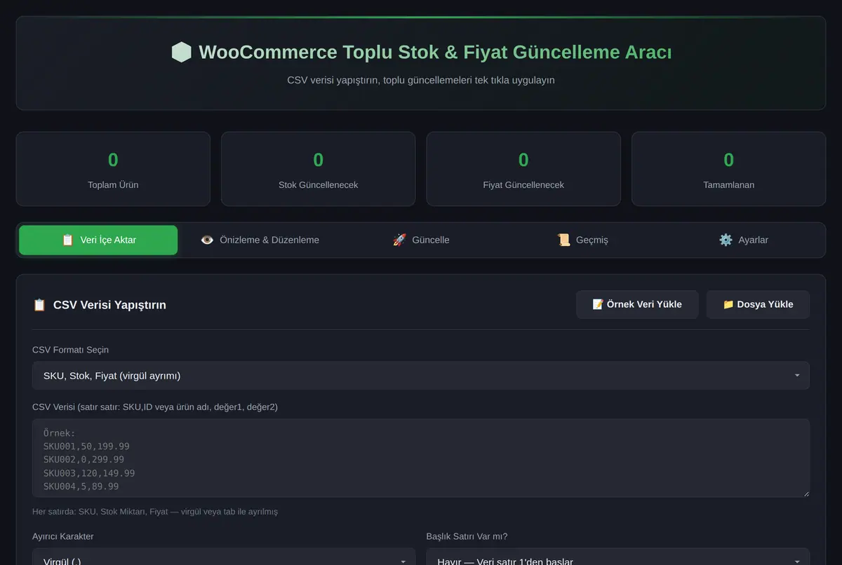 WooCommerce Toplu Stok & Fiyat Güncelleme Aracı ekran görüntüsü 2
