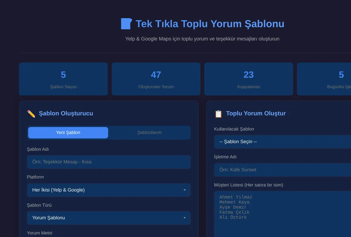 Tek Tıkla Toplu Yelp/Google Maps Yorum Şablonu ekran görüntüsü