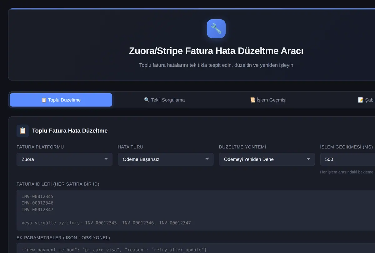 Zuora/Stripe Fatura Hata Düzeltme Aracı ekran görüntüsü