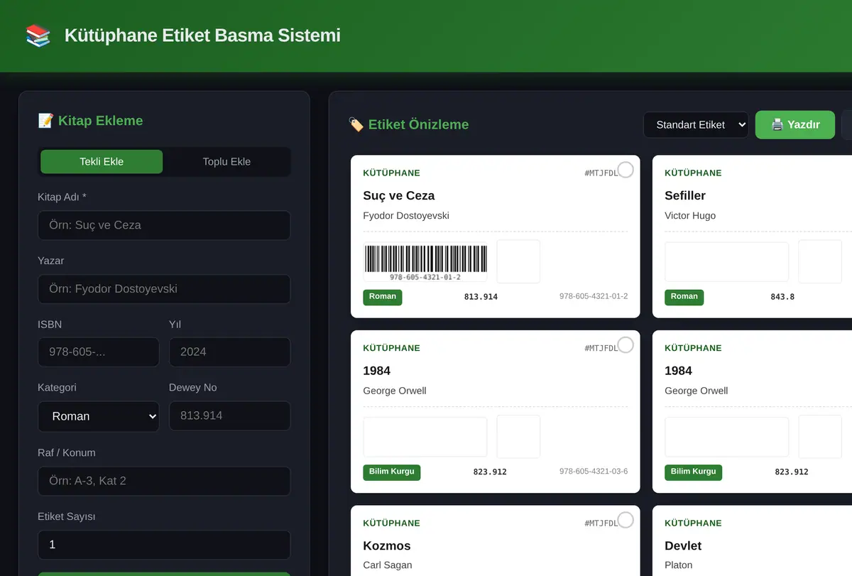 Kütüphane Etiket Basma Sistemi ekran görüntüsü