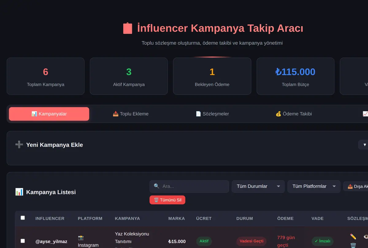 İnfluencer Kampanya Takip Aracı - Toplu Sözleşme ekran görüntüsü