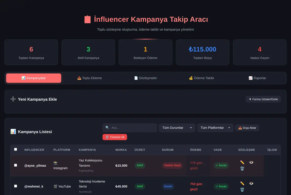 İnfluencer Kampanya Takip Aracı - Toplu Sözleşme ekran görüntüsü 2