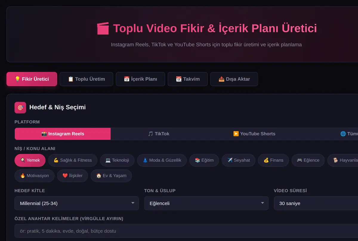 Toplu Video Fikir & İçerik Planı Üretici ekran görüntüsü