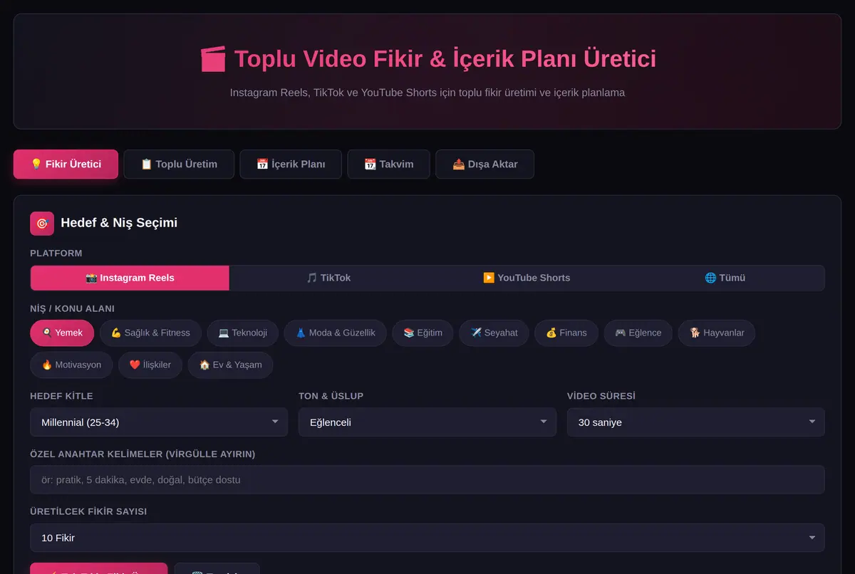 Toplu Video Fikir & İçerik Planı Üretici ekran görüntüsü 2
