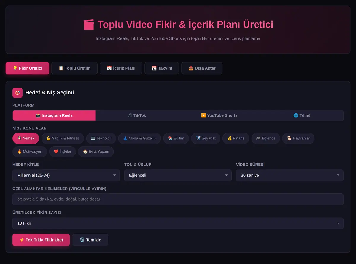 Toplu Video Fikir & İçerik Planı Üretici ekran görüntüsü 3