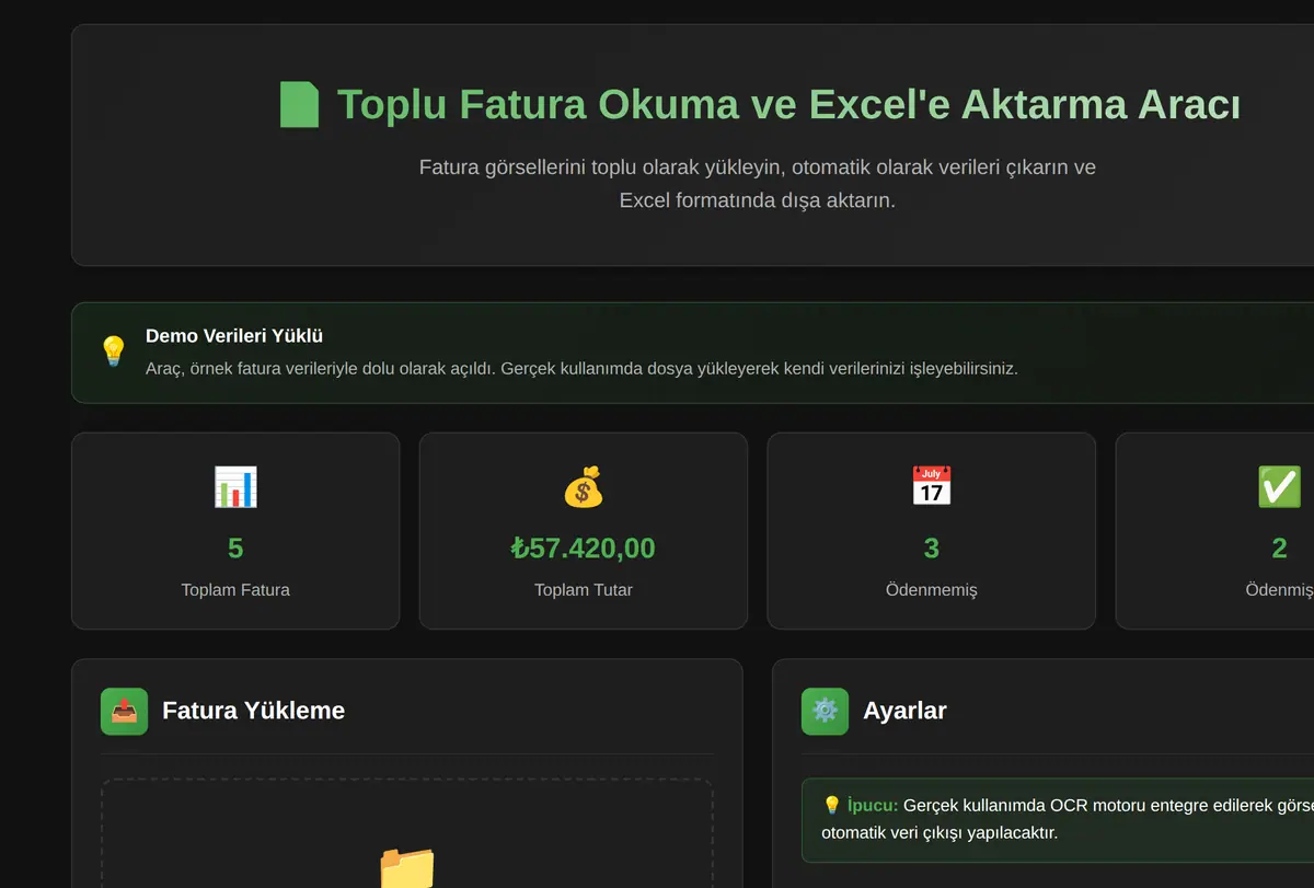 Toplu Fatura Okuma ve Excel'e Aktarma Aracı ekran görüntüsü