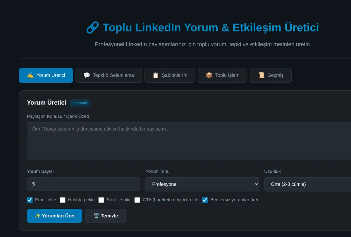 Toplu LinkedIn Yorum & Etkileşim Üretici ekran görüntüsü