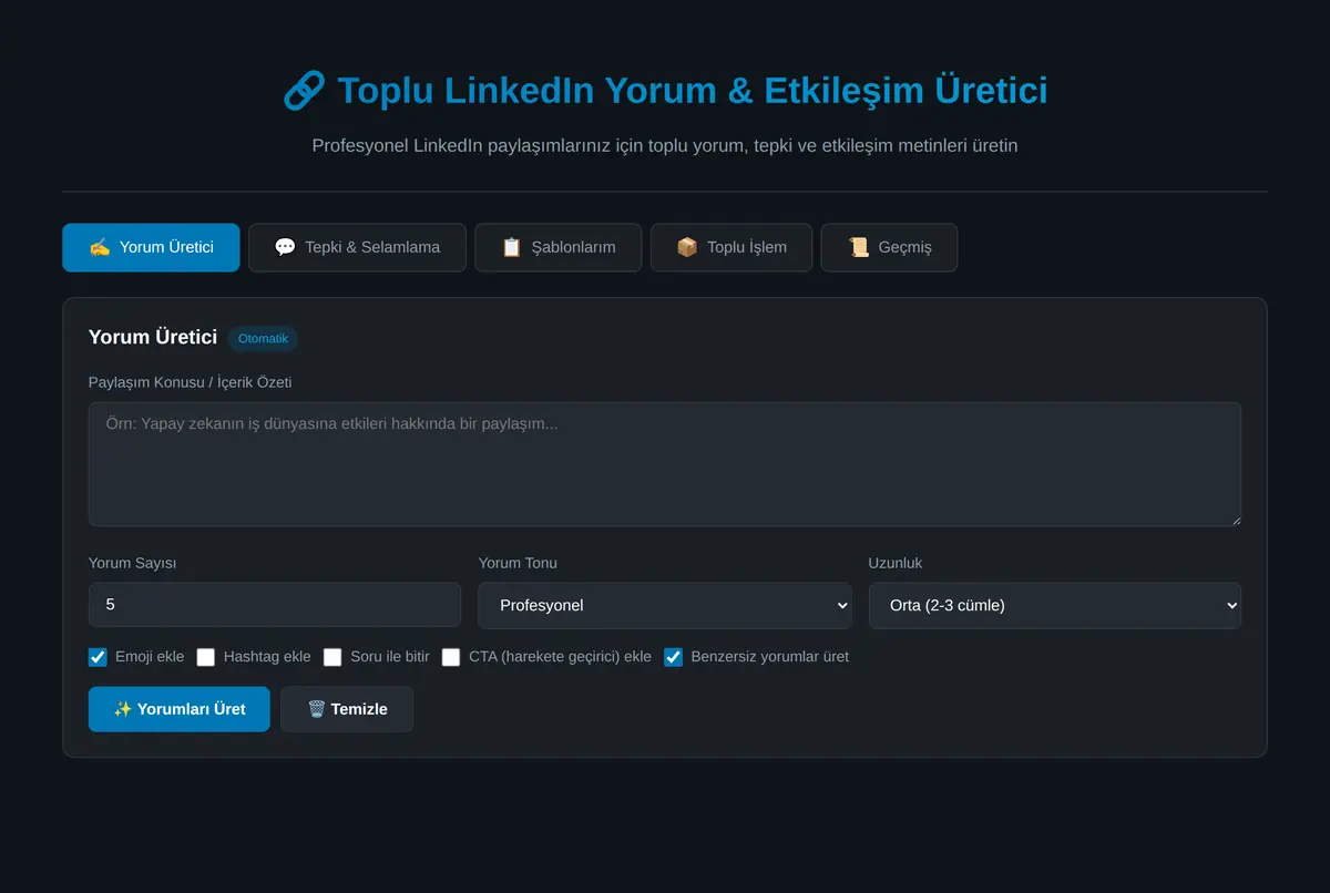 Toplu LinkedIn Yorum & Etkileşim Üretici ekran görüntüsü 2