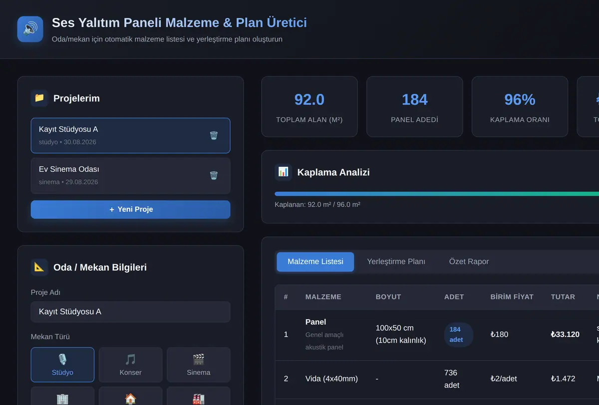 Ses Yalıtım Paneli Malzeme & Plan Üretici ekran görüntüsü