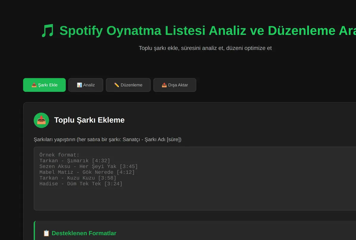 Spotify Oynatma Listesi Analiz ve Düzenleme Aracı ekran görüntüsü