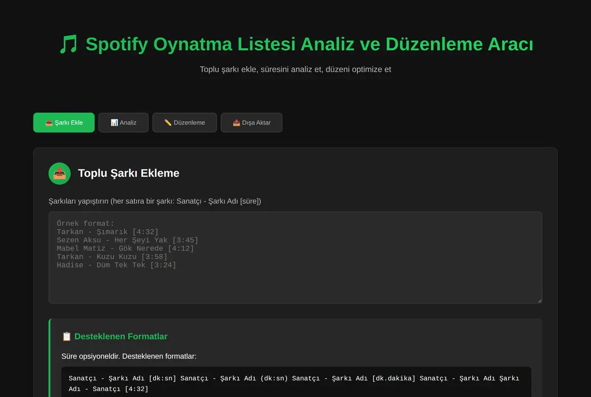 Spotify Oynatma Listesi Analiz ve Düzenleme Aracı ekran görüntüsü 2