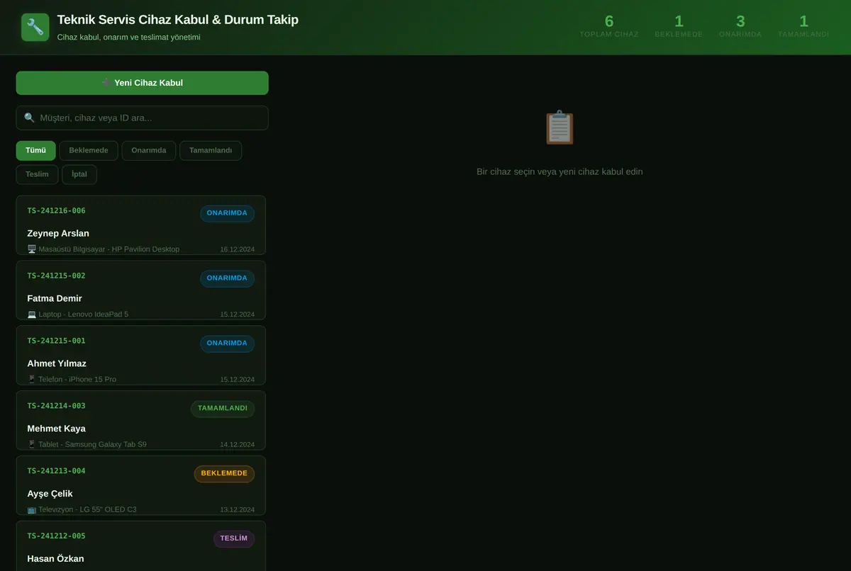 Teknik Servis Cihaz Kabul & Durum Takip Sistemi ekran görüntüsü 2