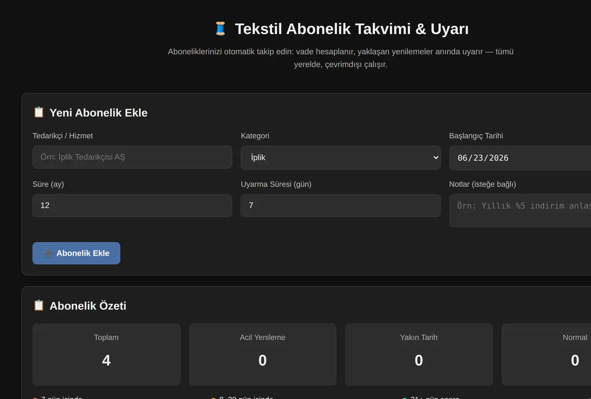 Tekstil Abonelik Takvimi & Uyarı ekran görüntüsü