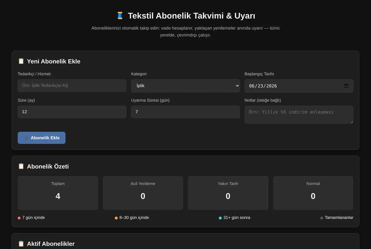 Tekstil Abonelik Takvimi & Uyarı ekran görüntüsü 2