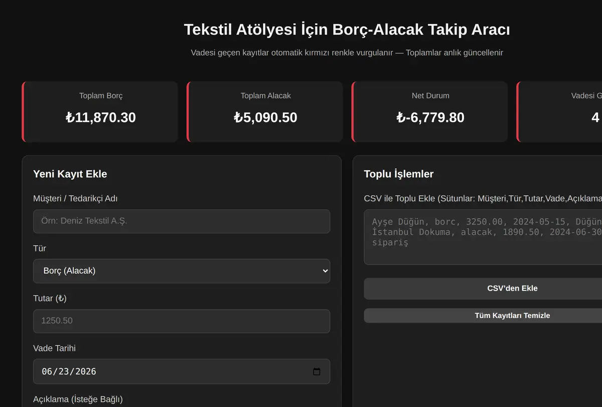 Tekstil Atölyesi İçin Borç-Alacak Takip Aracı ekran görüntüsü