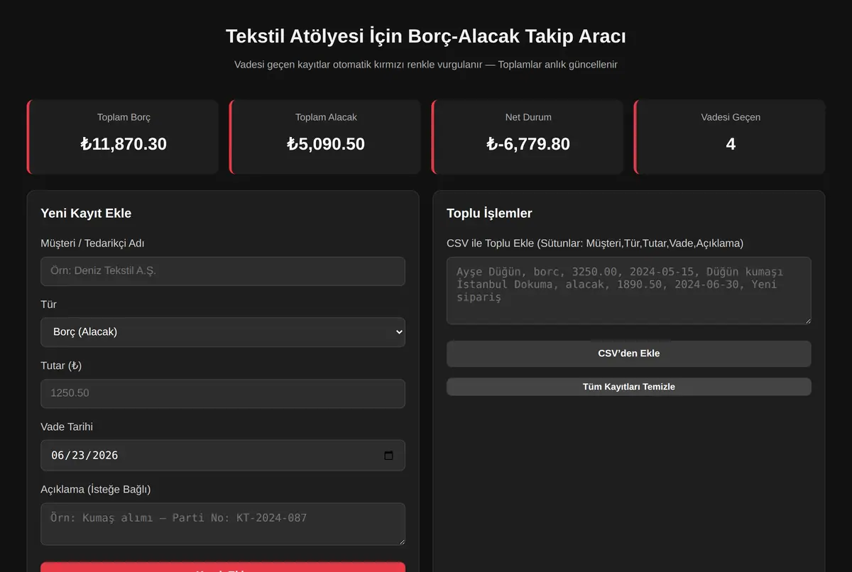 Tekstil Atölyesi İçin Borç-Alacak Takip Aracı ekran görüntüsü 2