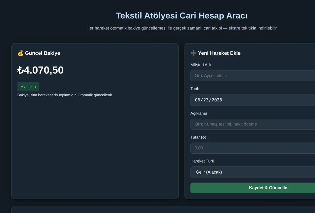 Tekstil Atölyesi Cari Hesap Aracı ekran görüntüsü