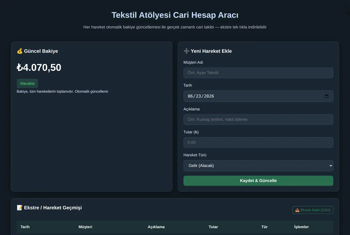 Tekstil Atölyesi Cari Hesap Aracı ekran görüntüsü 2