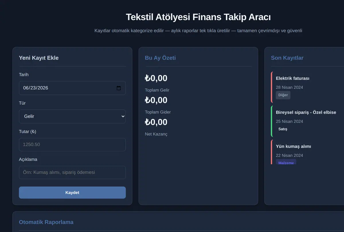 Tekstil Atölyesi Finans Takip Aracı ekran görüntüsü