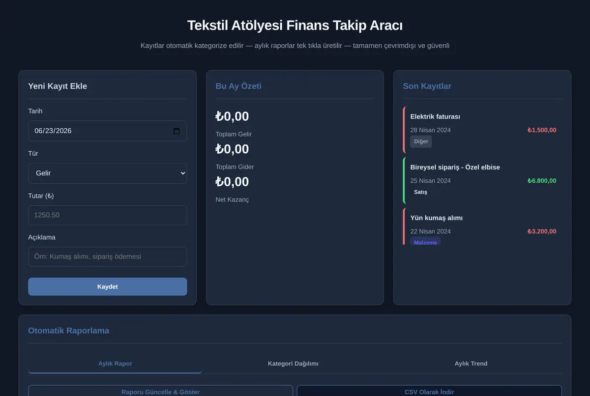 Tekstil Atölyesi Finans Takip Aracı ekran görüntüsü 2