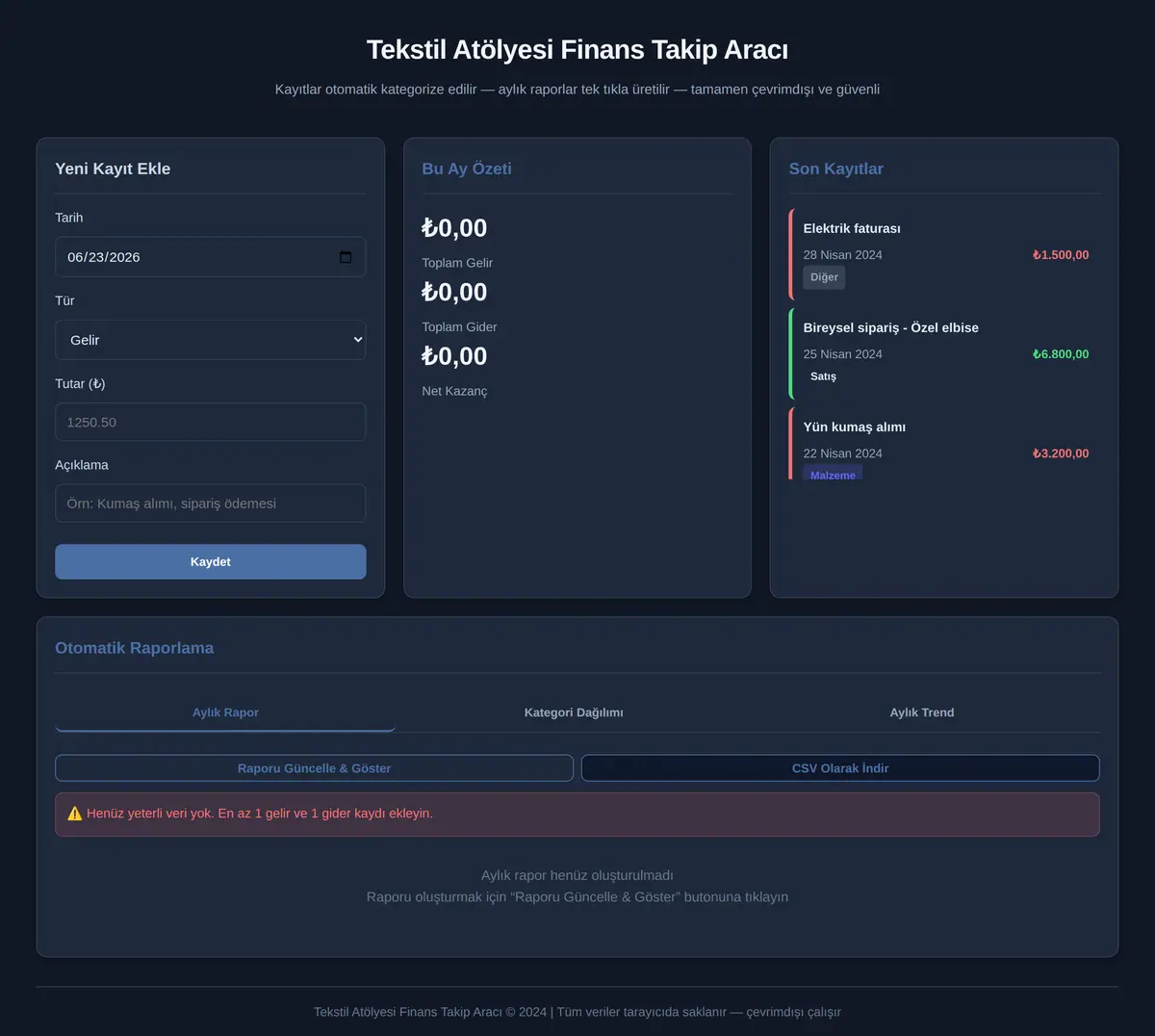 Tekstil Atölyesi Finans Takip Aracı ekran görüntüsü 3