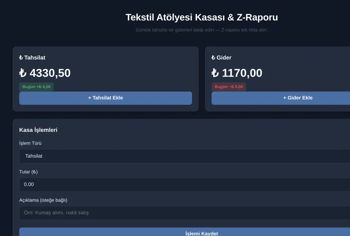 Tekstil Atölyesi Kasası & Z-Raporu ekran görüntüsü