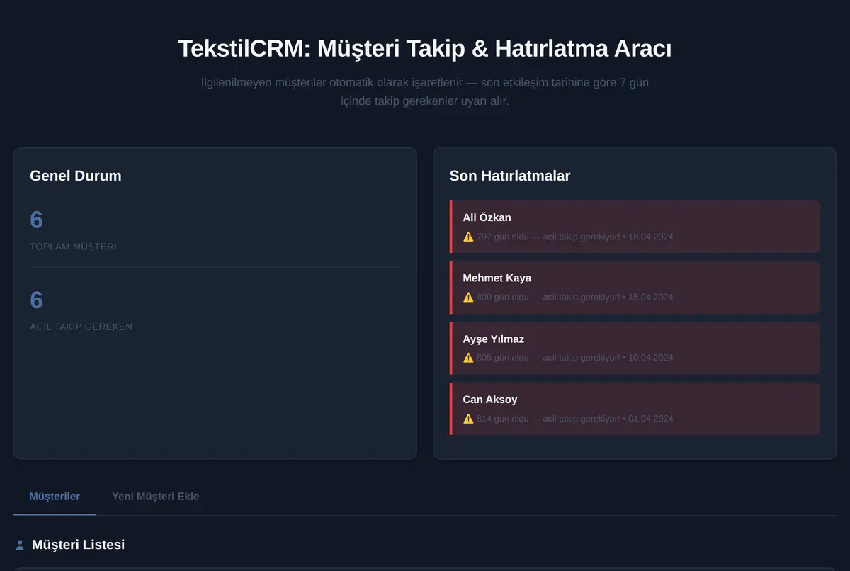 TekstilCRM: Müşteri Takip & Hatırlatma Aracı ekran görüntüsü 2