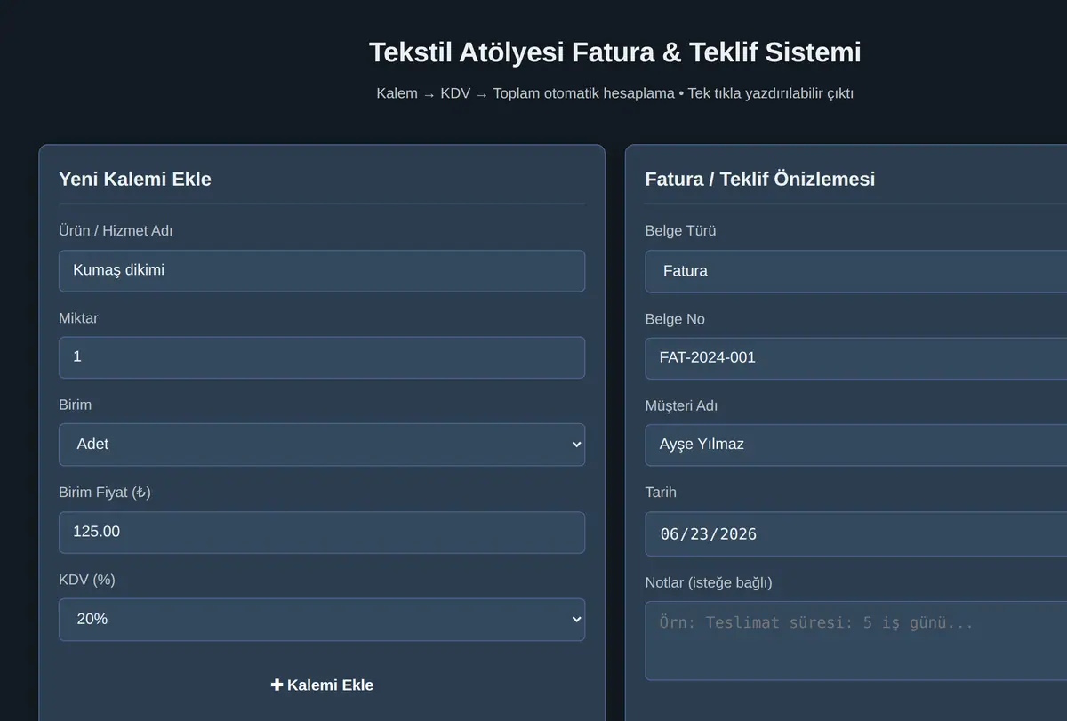 Tekstil Atölyesi Fatura & Teklif Sistemi ekran görüntüsü