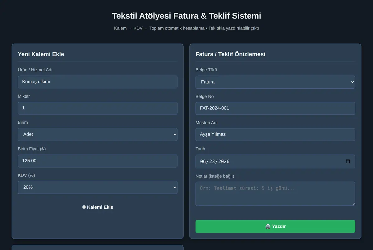 Tekstil Atölyesi Fatura & Teklif Sistemi ekran görüntüsü 2