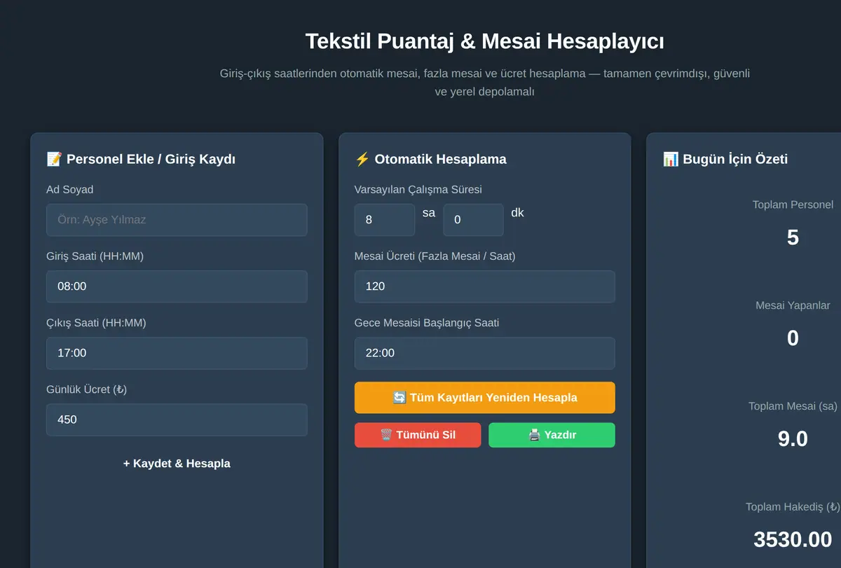 Tekstil Puantaj & Mesai Hesaplayıcı ekran görüntüsü