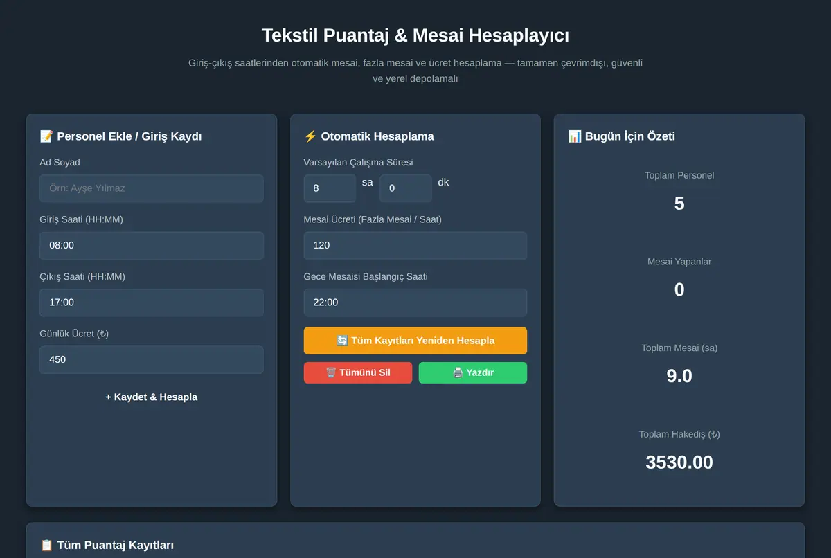 Tekstil Puantaj & Mesai Hesaplayıcı ekran görüntüsü 2