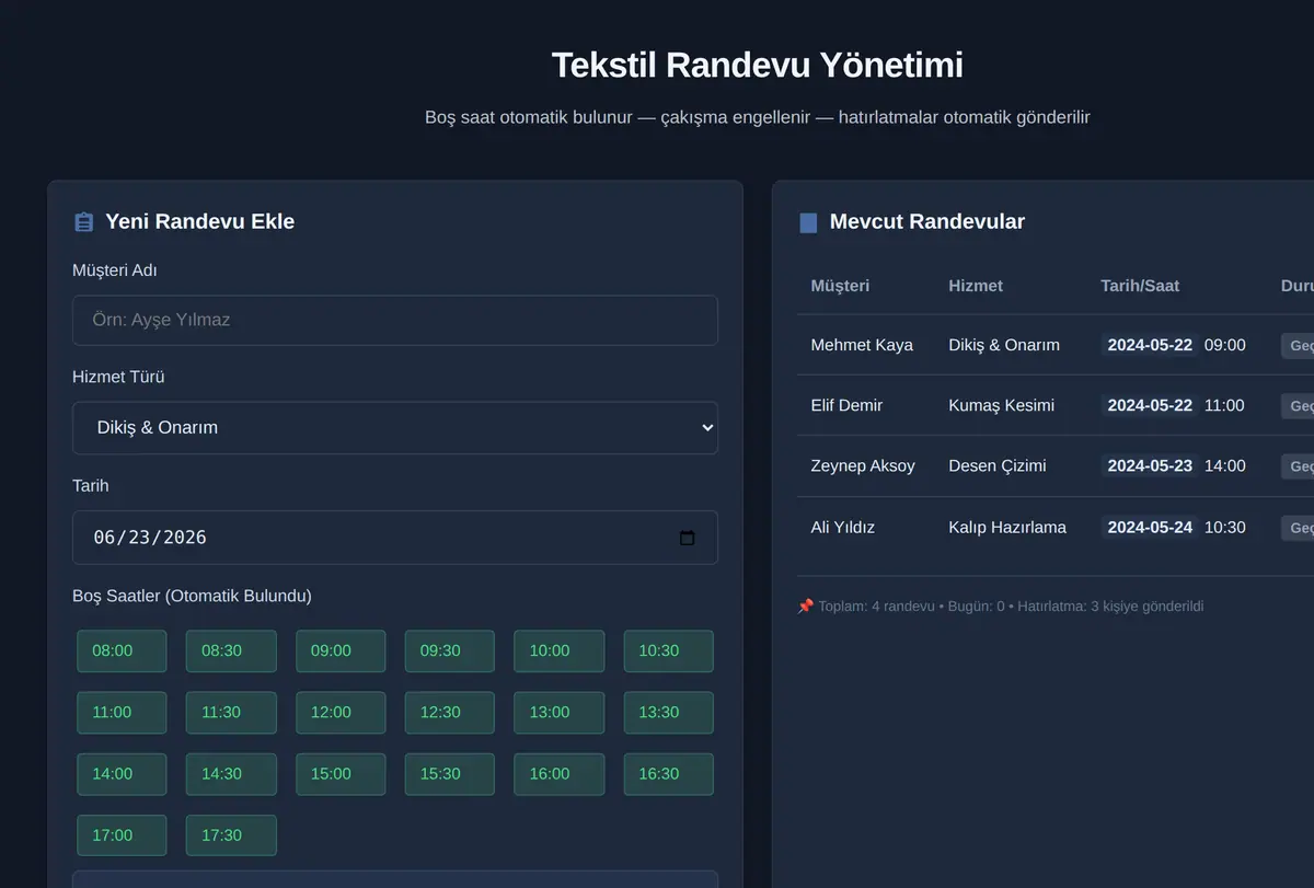 Tekstil Randevu Yönetimi ekran görüntüsü
