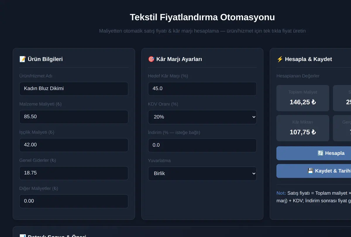 Tekstil Fiyatlandırma Otomasyonu ekran görüntüsü