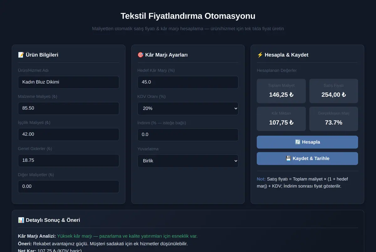 Tekstil Fiyatlandırma Otomasyonu ekran görüntüsü 2