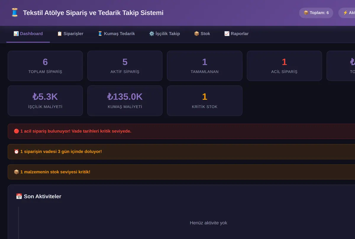 Tekstil Atölye Sipariş ve Tedarik Takip Sistemi ekran görüntüsü