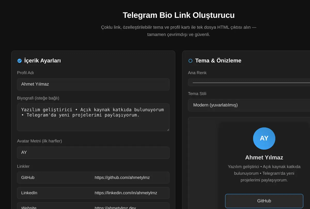 Telegram Bio Link Oluşturucu ekran görüntüsü
