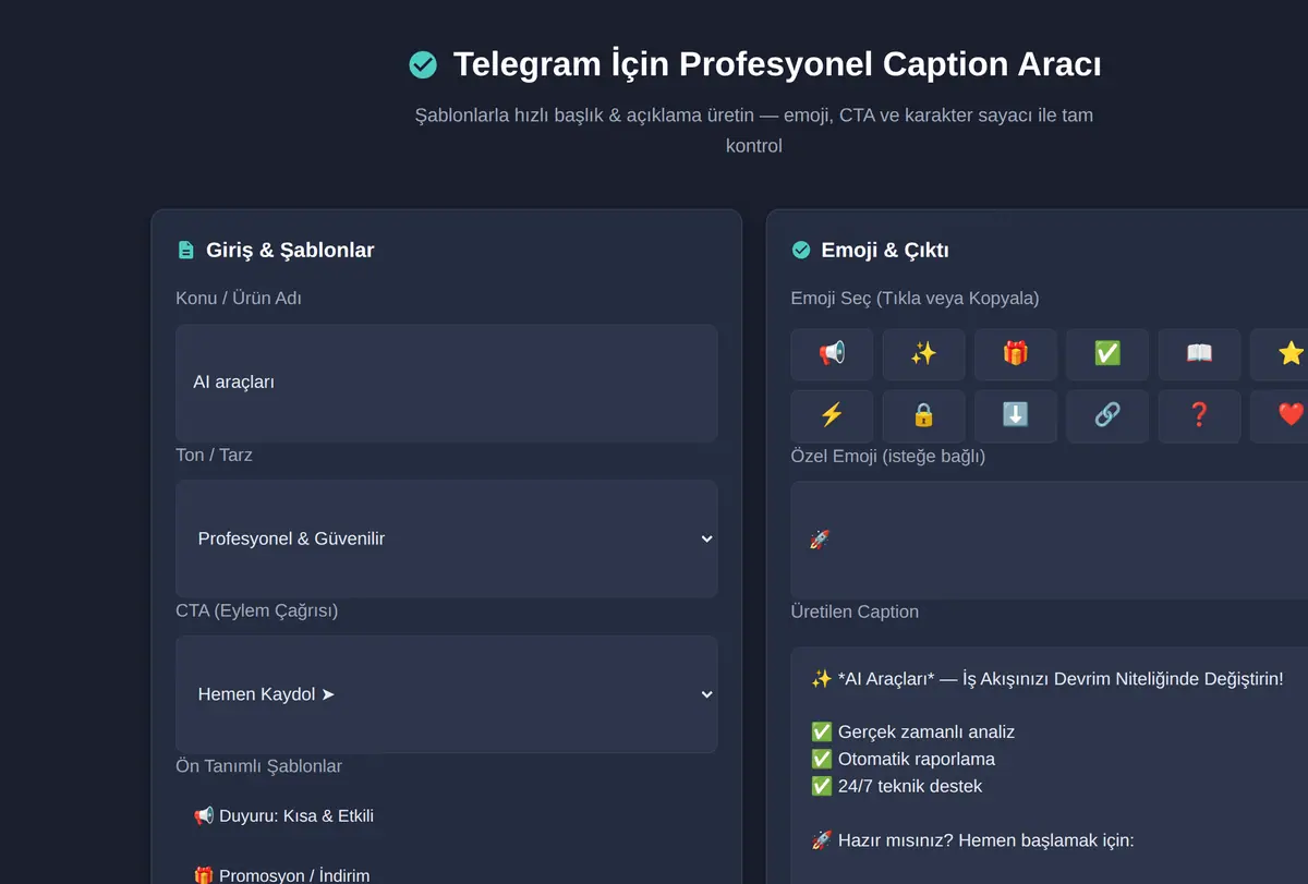 Telegram İçin Profesyonel Caption Aracı ekran görüntüsü