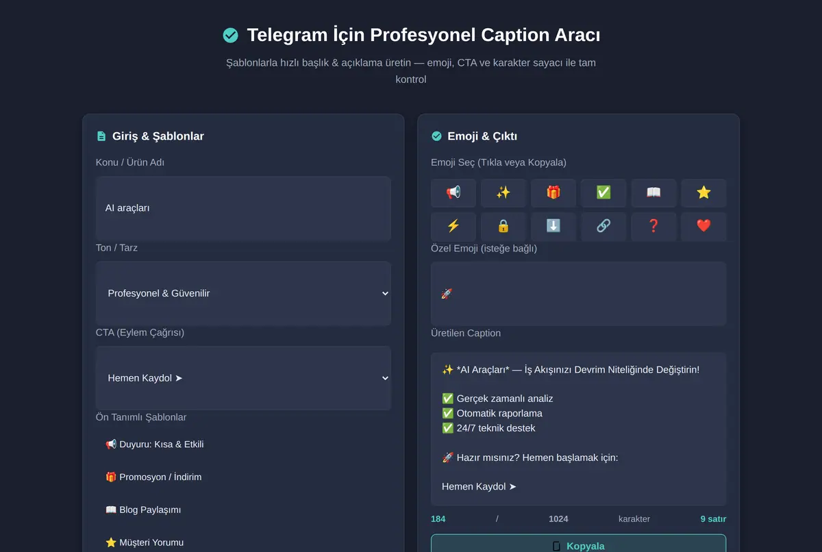 Telegram İçin Profesyonel Caption Aracı ekran görüntüsü 2