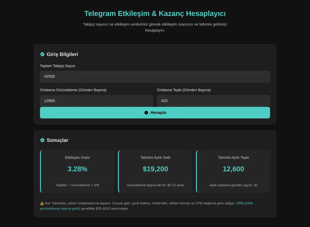Telegram Etkileşim & Kazanç Hesaplayıcı ekran görüntüsü 3