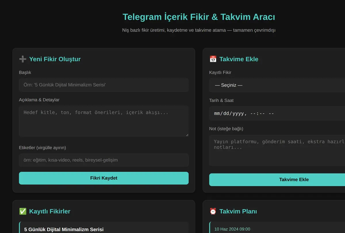 Telegram İçerik Fikir & Takvim Aracı ekran görüntüsü